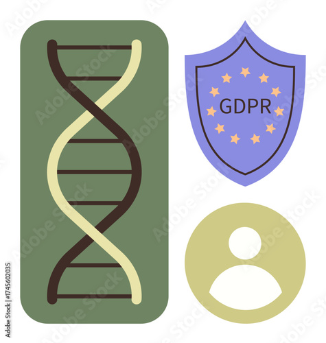 DNA strand symbolizes genetic data, shield with GDPR signifies privacy law, user icon suggests personal data. Ideal for data security, research ethics, privacy policy, compliance, health data