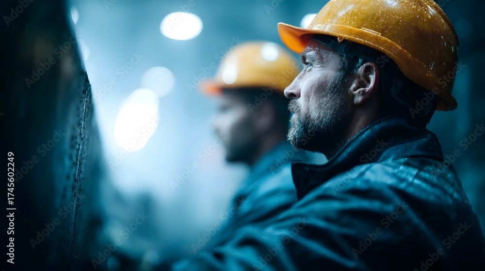Fototapeta premium Two industrial workers in hard hats looking intently in a dark atmospheric factory