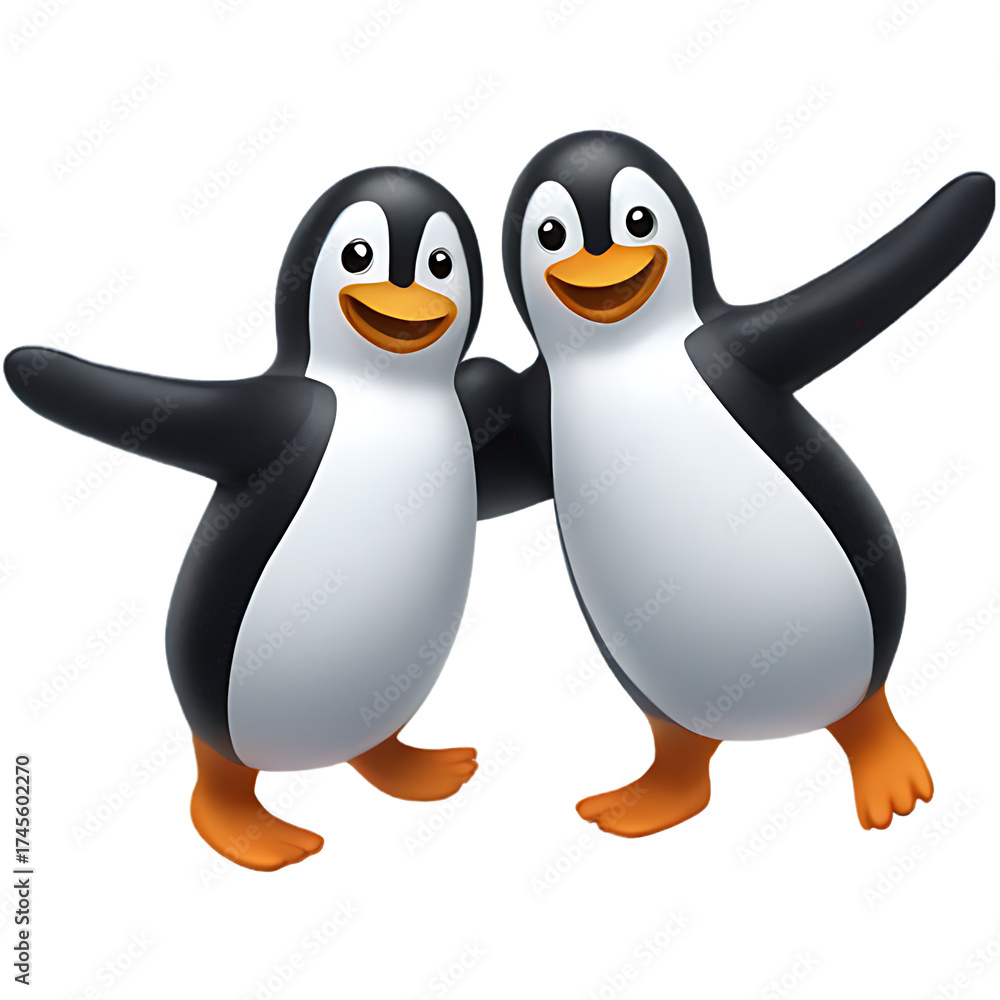 Fototapeta premium Two happy cartoon penguins dancing joyfully together with arms spread wide isolated on transparent background