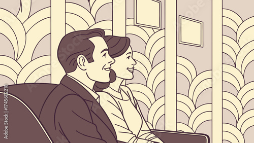 Romantic couple sitting in floral luxury wallpaper room with glossy waves and golden light vector art
