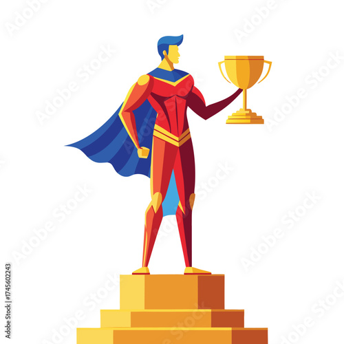 Vector illustration in flat style of a man in a business suit with a winner's cup in his hand, standing on a golden pedestal in the rays of glory. Isolated on background