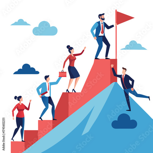 Vector illustration of a group of diverse people climbing up to the top of a mountain, following a leader with a flag in his hand. white background