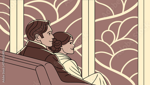 Romantic couple sitting in floral luxury wallpaper room with glossy waves and golden light 