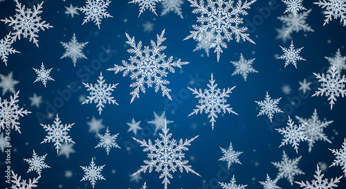 Snowflake background, realistic style, blue and white palette, with space for text