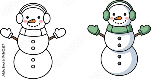 Flat vector illustration of two cartoon snowmen with earmuffs, scarves, mittens, coal faces, carrot noses, winter festive holiday theme