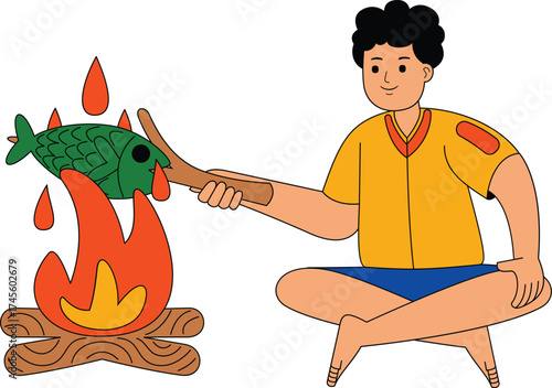 illustration of man roasting fish over campfire