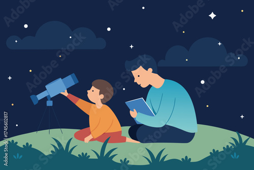 Father and Son Stargazing with Telescope Vector Illustration