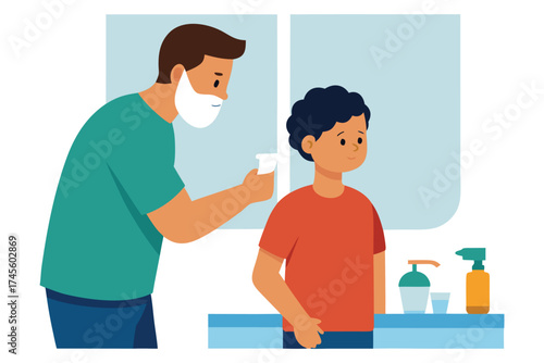 Father Teaching Teenage Son to Shave Vector Illustration