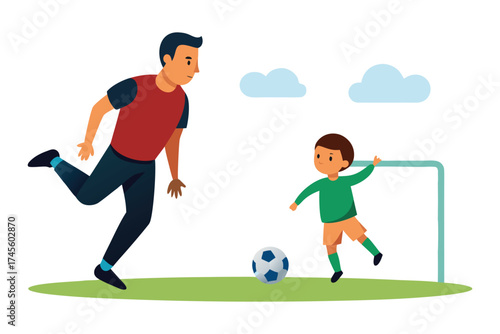 Father and Son Playing Soccer Penalty Kick Vector Illustration