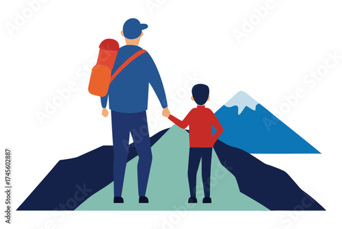 Father and Son Reaching Mountain Summit Vector Illustration