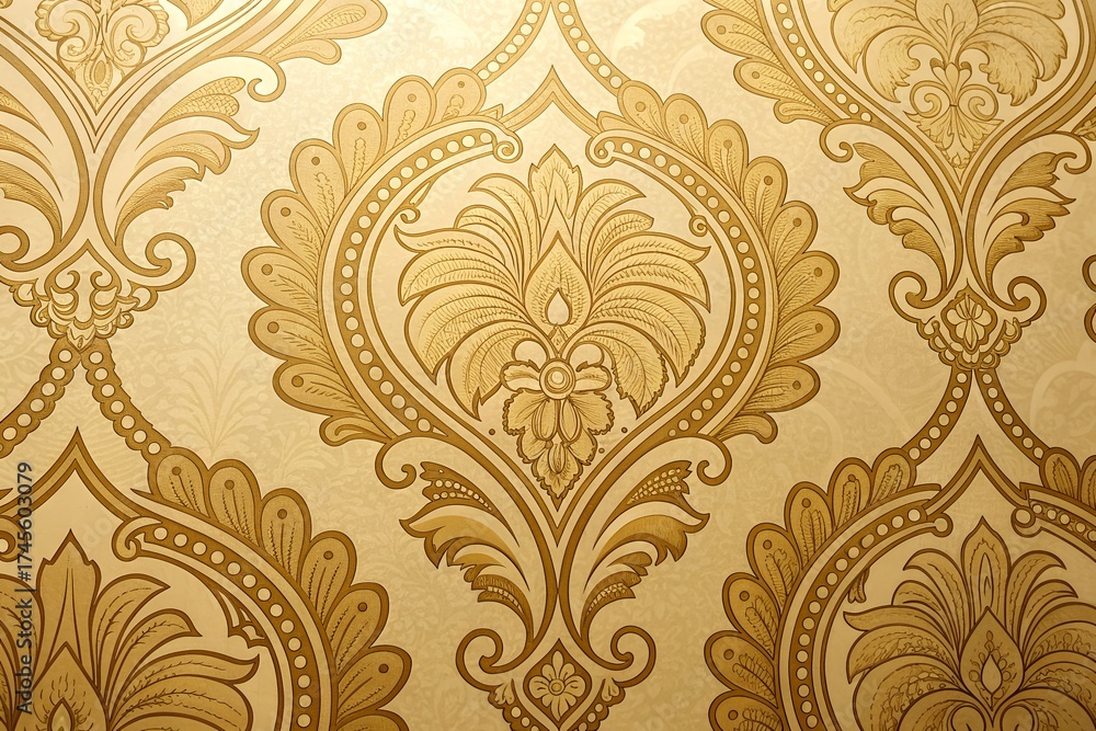 Fototapeta premium Intricate damask pattern wallpaper in gold and beige tones