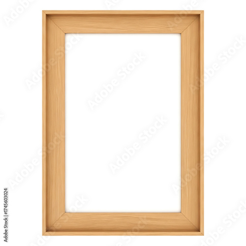 Beveled wood grain photo frame with empty white mat and light brown finish isolated on transparent background