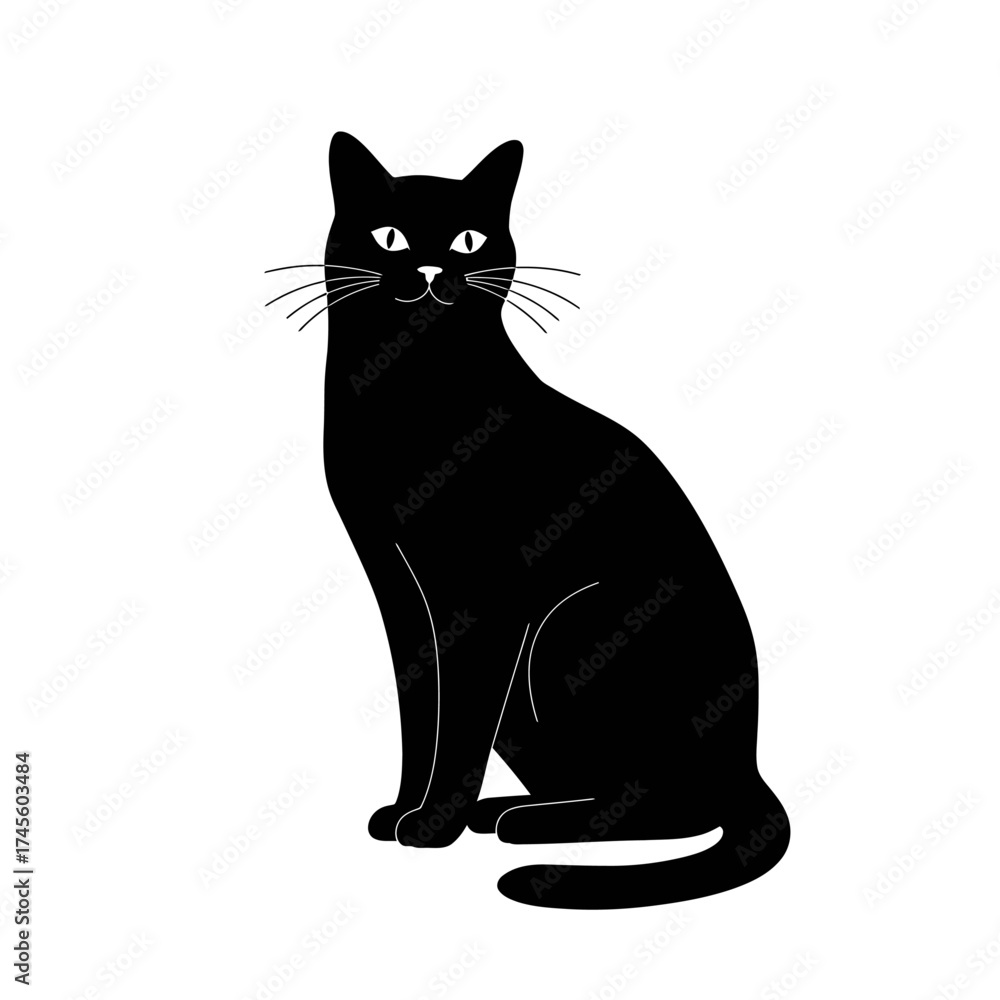 Obraz premium A sleek, black cat sits upright, gazing forward with a calm and composed expression, against a clean white background.