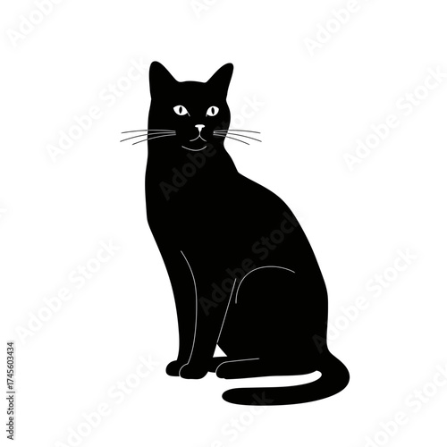 A simple, elegant illustration of a black cat sitting upright against a clean white background.