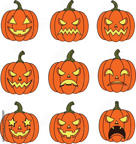providing a clean display for the foreground. The foreground features a grid of nine distinct pixel art pumpkins. 