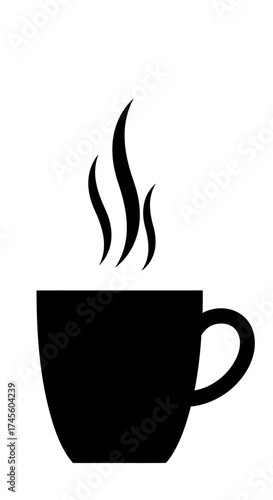 A simple black silhouette of a steaming coffee cup, conveying warmth and a hot beverage.