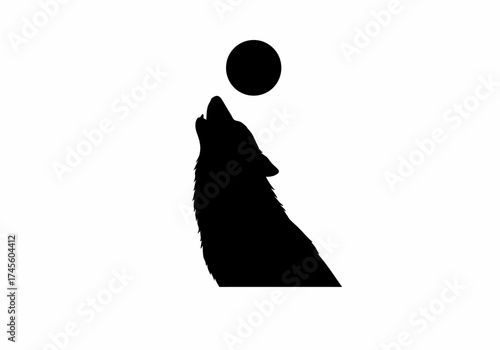 Silhouette of a wolf howling at a full moon against a white background, creating a stark and simple graphic image.