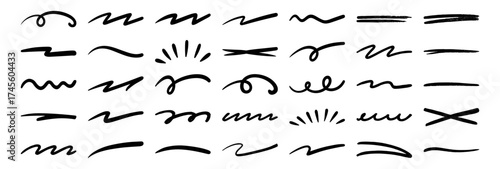 Abstract black marker and brush strokes set, hand drawn underline and scribble texture elements, grunge graffiti art lines and curves for modern graphic design on transparent background.