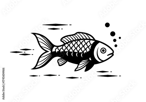 A stylized black and white illustration of a goldfish swimming rapidly through water, with bubbles trailing behind it.