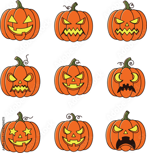 A vibrant grid displays nine pixelated jack-o'-lanterns, each carved with a unique, expressive face from cheerful to menacing, evoking classic 8-bit game graphics against a bright backdrop.