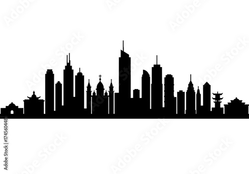 A black silhouette of a diverse city skyline featuring modern skyscrapers and traditional Asian architecture.