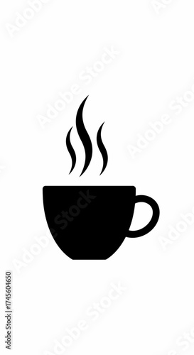 A simple black silhouette icon of a steaming hot cup of coffee or tea on a plain white background.