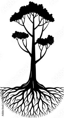 A stylized black silhouette of a tall tree with a long trunk and an intricate, spreading root system.