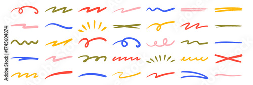 Colorful marker and brush stroke set, hand drawn underline and squiggle lines, artistic doodle elements for creative graphic design