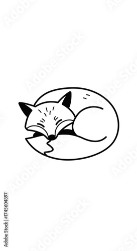 A minimalist black and white illustration of a fox curled up asleep, its bushy tail wrapped around its body.