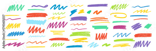 Brush and marker stroke set, underline and doodle lines with scribbles, crayons and chalk texture elements for graphic design on transparent background.