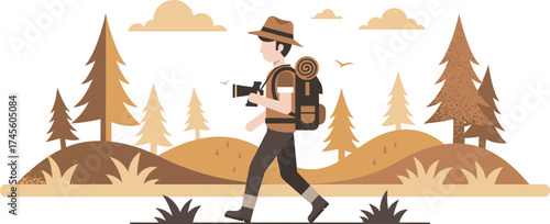 Flat monochromatic vector of a hiker walking through a forest. A man with a backpack and camera/binoculars explores nature, adventure, and outdoor recreation. Perfect for travel and environment design