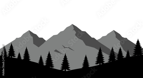 A minimalist black and white illustration of mountain peaks and evergreen trees.
