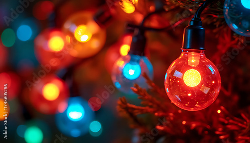Colorful Christmas string lights, round bulb shapes, warm and cool illumination, festive holiday decoration with copy space