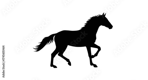 Elegant black silhouette of a majestic horse trotting gracefully with its head held high against a clean white background.