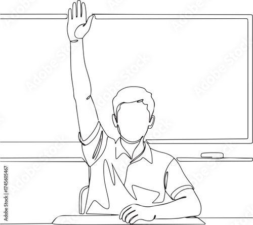 Student raising hand in classroom setting