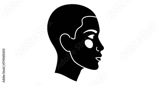 A minimalist black silhouette of a human head in profile with short hair and a white circle on the cheek.