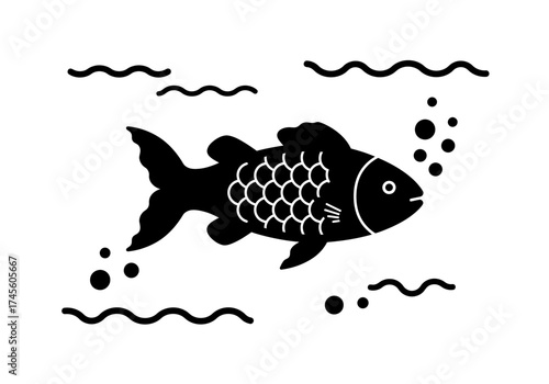 A stylized black and white illustration of a single fish swimming underwater, surrounded by wavy lines representing water and small circles indicating bubbles.
