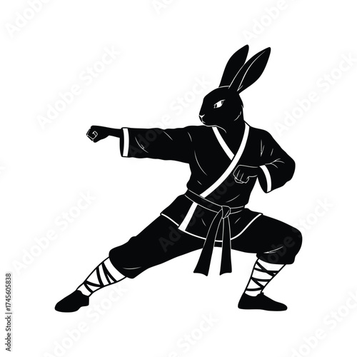 Black silhouette of a rabbit in a martial arts pose wearing a traditional gi and belt