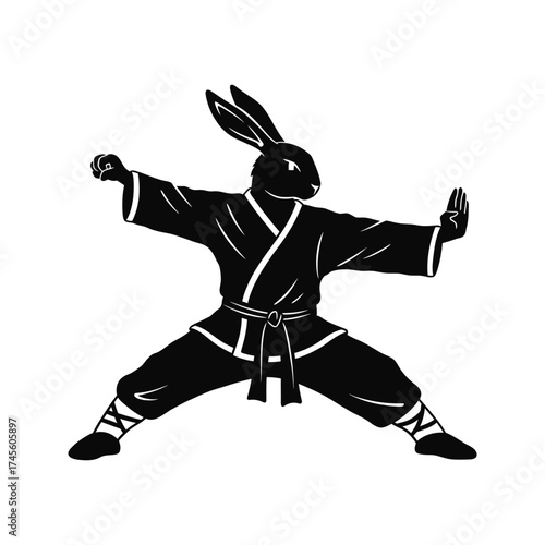 Black silhouette of a rabbit in a martial arts pose wearing a traditional gi and belt
