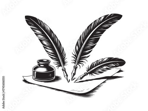 engraving vintage quill inkwell on parchment vector art illustration, old vintage quill design.	