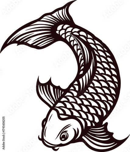 Ornate koi fish illustration with detailed scales and fins in vintage black line art isolated on white background