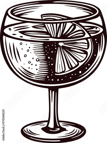 Vintage engraved illustration of a cocktail glass with lemon slice and sparkling drink on white background