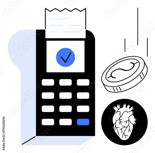 Payment terminal outputs receipt, coin drops, and anatomical heart icon emphasizes transaction value. Ideal for finance, healthcare, commerce, technology, charity, human connection ethical economy