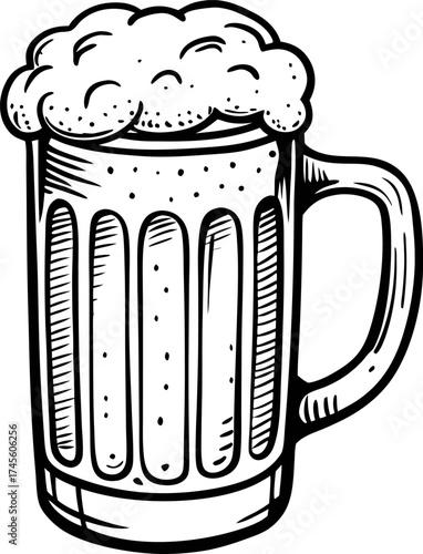 Classic hand drawn beer mug with foam vintage engraved illustration of pint glass isolated on white background