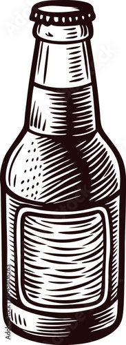 Hand drawn illustration of empty glass beer bottle with blank label, isolated on white background, vintage engraving