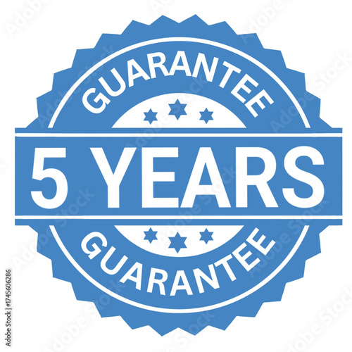Blue five years guarantee badge, quality warranty vector emblem for product reliability assurance and long-term customer security