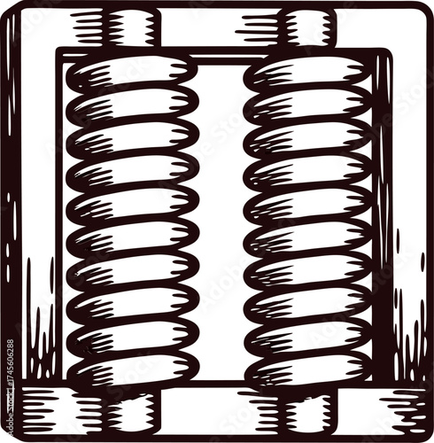 Hand drawn square coiled iron spring isolated on white background vintage engraving