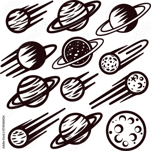 Hand drawn black set of planets, moons, and comets in doodle with cosmic celestial objects isolated on white
