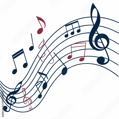 Vector illustration of musical notes and musical scale in the form of a wave. Element for design on a musical theme.