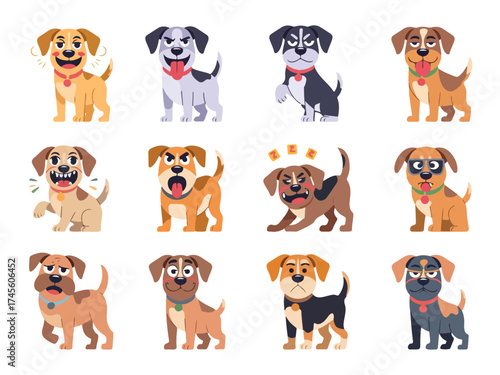 Flat Cartoon Dog Illustration vector Clipart Icons Set